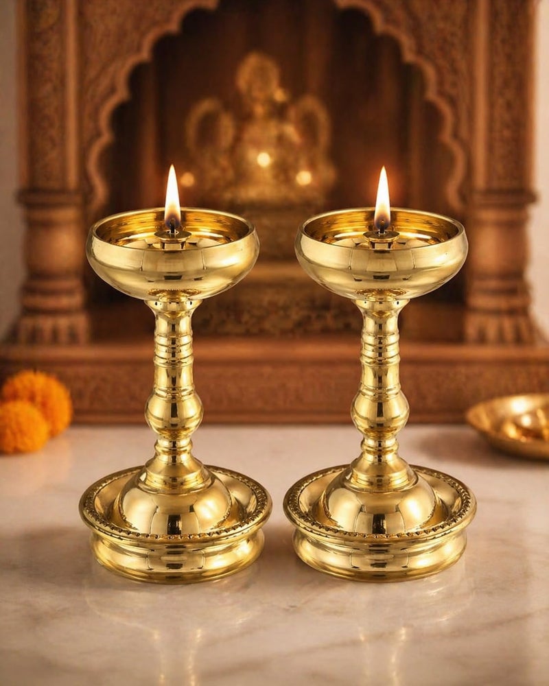 SACCH Signature Udupi Nanda Pure Brass Diya (Set of 2) | 4.25 Inch Heavy Density (500g) | Premium Handcrafted Long Table Pooja Deepam for Mandir, Traditional Diwali Home Decor & Gifting - Image 1