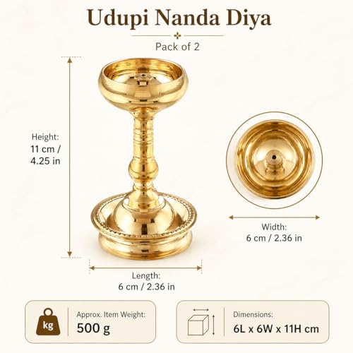 SACCH Signature Udupi Nanda Pure Brass Diya (Set of 2) | 4.25 Inch Heavy Density (500g) | Premium Handcrafted Long Table Pooja Deepam for Mandir, Traditional Diwali Home Decor & Gifting - Image 2
