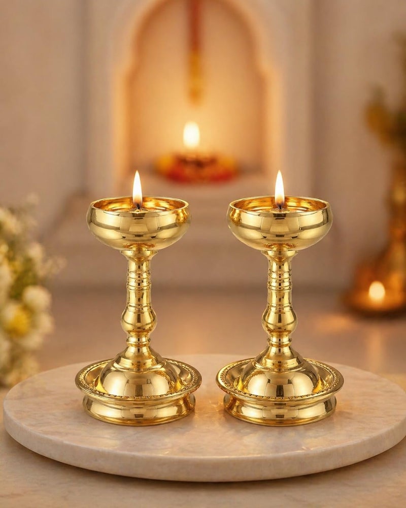 SACCH Signature Udupi Nanda Pure Brass Diya (Set of 2) | 4.25 Inch Heavy Density (500g) | Premium Handcrafted Long Table Pooja Deepam for Mandir, Traditional Diwali Home Decor & Gifting - Image 4