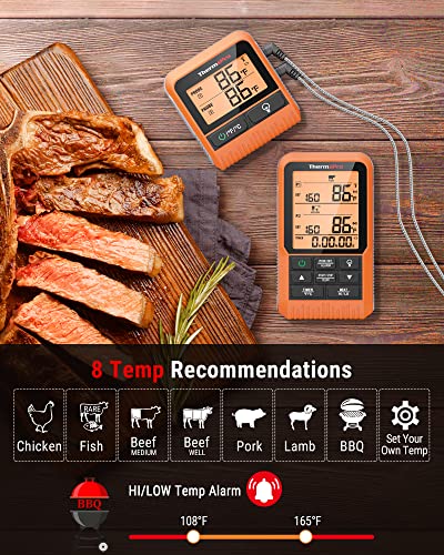 ThermoPro TP826 500FT Wireless Meat Thermometer, Dual Meat Probe Cooking Thermometer with HI/Low Alert, Food Grill Temperautre probe, Outdoor Fryer Accessories for BBQ, Smoker, Oven, Grilling Gift - Image 3