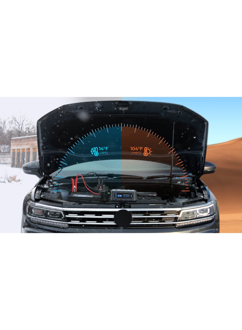 TOPDON V2200, an exceptional portable jump starter designed to deliver a whopping 2200 peak amps for swift revival of 12V lead acid batteries in seconds. This versatile device ensures prompt and secure ignition for a wide range of vehicles, including cars, boats, motorcycles, and trucks. With impressive compatibility with up to 8.0-liter gasoline and 6.0-liter diesel vehicles, - Image 5