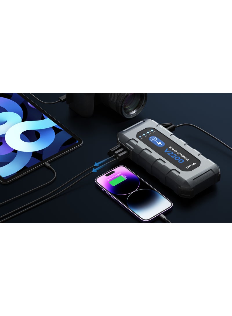 TOPDON V2200, an exceptional portable jump starter designed to deliver a whopping 2200 peak amps for swift revival of 12V lead acid batteries in seconds. This versatile device ensures prompt and secure ignition for a wide range of vehicles, including cars, boats, motorcycles, and trucks. With impressive compatibility with up to 8.0-liter gasoline and 6.0-liter diesel vehicles, - Image 4