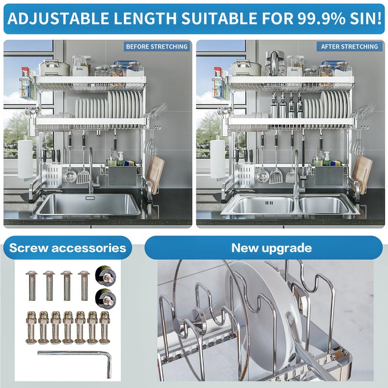 LIVOD Over The Sink Dish Drying Rack,3 Tier Adjustable Length Full Stainless Steel Large Storage Kitchen Dish Rack,for Kitchen Counter Expandable Multifunctional Organizers,Silver (25.98-37.6") - Image 4