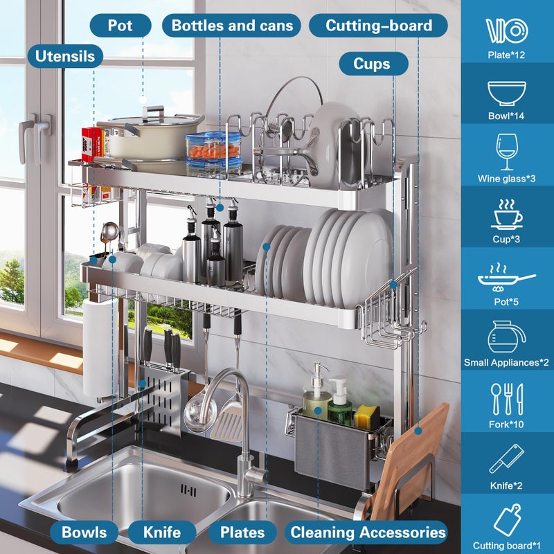 LIVOD Over The Sink Dish Drying Rack,3 Tier Adjustable Length Full Stainless Steel Large Storage Kitchen Dish Rack,for Kitchen Counter Expandable Multifunctional Organizers,Silver (25.98-37.6") - Image 2