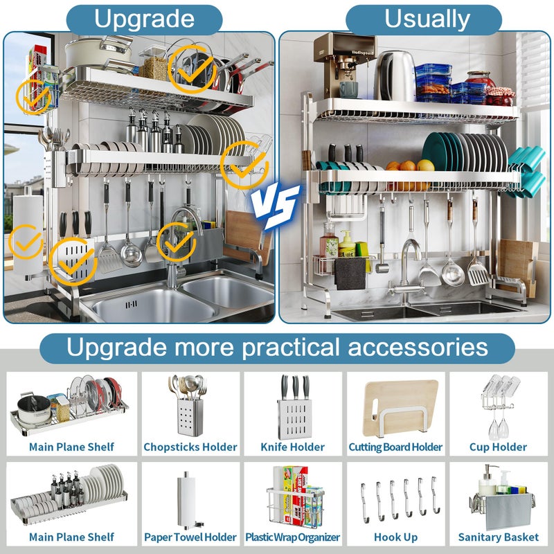 LIVOD Over The Sink Dish Drying Rack,3 Tier Adjustable Length Full Stainless Steel Large Storage Kitchen Dish Rack,for Kitchen Counter Expandable Multifunctional Organizers,Silver (25.98-37.6") - Image 3
