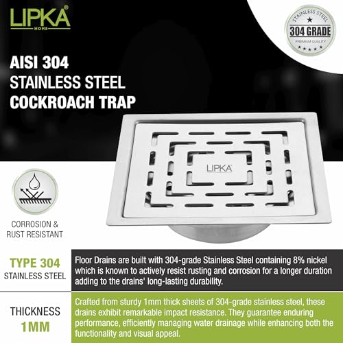 LIPKA Orange Exclusive Square Flat Cut Floor Drain | 5 x 5 Inches | 304-Grade Stainless Steel Floor Trap with Matte Finish | Drain Jali for Bathrooms with Cockroach Trap - Image 5