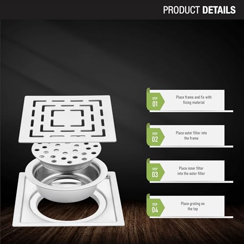 LIPKA Orange Exclusive Square Flat Cut Floor Drain | 5 x 5 Inches | 304-Grade Stainless Steel Floor Trap with Matte Finish | Drain Jali for Bathrooms with Cockroach Trap - Image 3