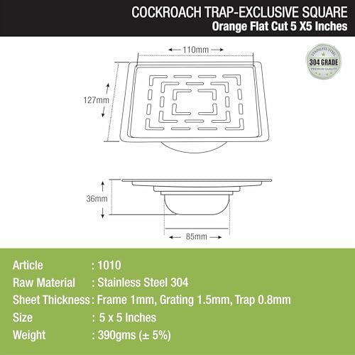 LIPKA Orange Exclusive Square Flat Cut Floor Drain | 5 x 5 Inches | 304-Grade Stainless Steel Floor Trap with Matte Finish | Drain Jali for Bathrooms with Cockroach Trap - Image 2