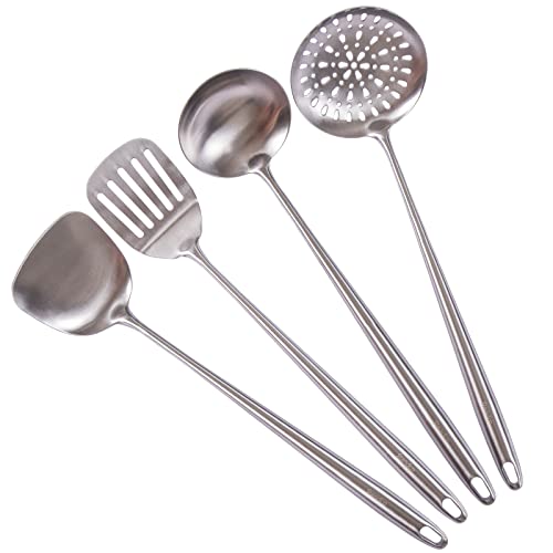 Standcn 17” Wok Spatula and Ladle, Skimmer Spoon, Slotted Spatula - 304 Stainless Steel Kitchen Utensils Set, 4-Pieces Extra Long Handle Cooking Tools, All Metal Chinese Wok Utensils and Wok Accessories - Image 1
