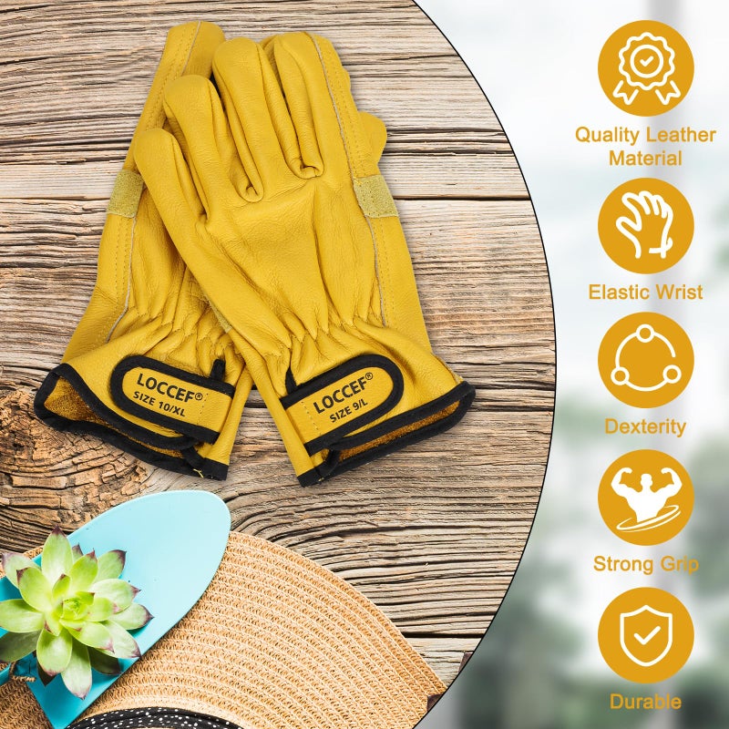 LOCCEF 2 Pairs Leather Work Gloves for Men and Women,Cowhide Leather Gloves Utility Working Gloves (Yellow, 10/XL) - Image 4