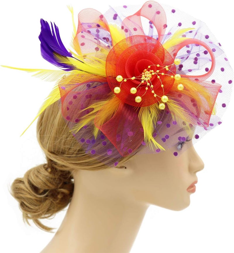 Wheebo Fascinator Hat Flower Feather Mesh Veil Wedding Tea Party Cocktail Hat Headwear for Women Lady Girls - Image 3