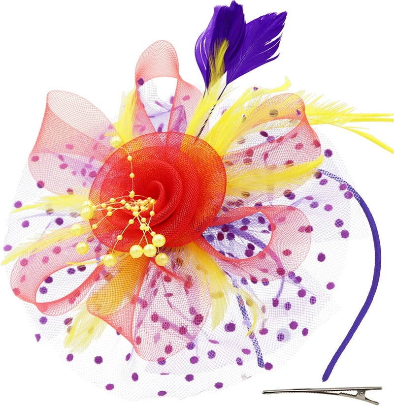 Wheebo Fascinator Hat Flower Feather Mesh Veil Wedding Tea Party Cocktail Hat Headwear for Women Lady Girls - Image 1