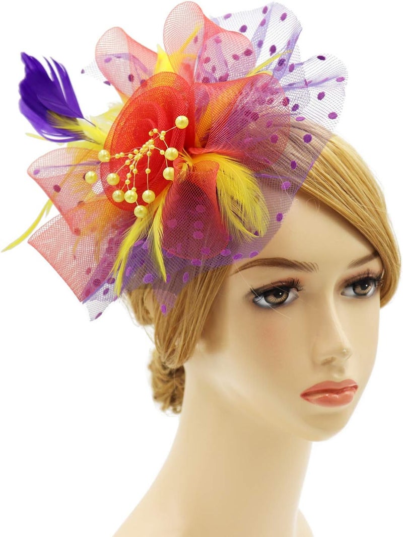 Wheebo Fascinator Hat Flower Feather Mesh Veil Wedding Tea Party Cocktail Hat Headwear for Women Lady Girls - Image 2