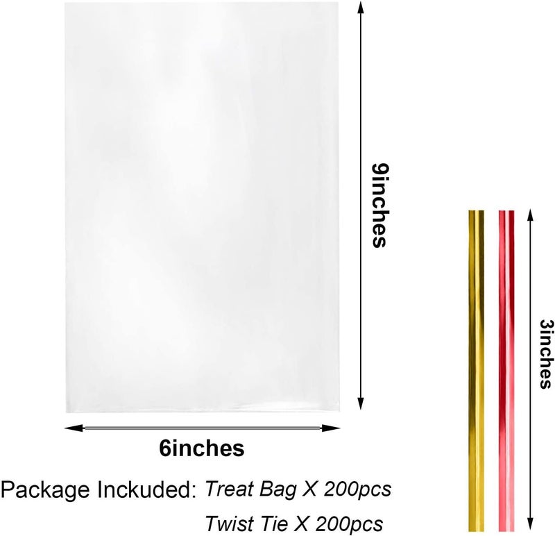 Morepack 6x9 Inches Clear Cellophane Bags 200 Pcs OPP Plastic Treat Bags with 200 Twist Ties for Gift Wrapping,Packaging Candies,Dessert,Bakery, Cookies, Chocolate,Party Favors - Image 2