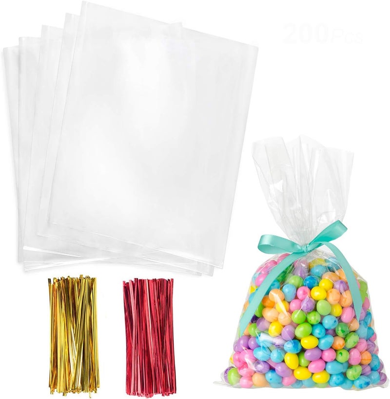 Morepack 6x9 Inches Clear Cellophane Bags 200 Pcs OPP Plastic Treat Bags with 200 Twist Ties for Gift Wrapping,Packaging Candies,Dessert,Bakery, Cookies, Chocolate,Party Favors - Image 1