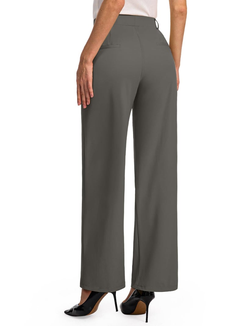 Feiersi Womens Dress Pants Wide Leg Stretchy Work Pants High Waisted Pull On Casual Trousers with Pockets(Grey,Medium) - Image 2