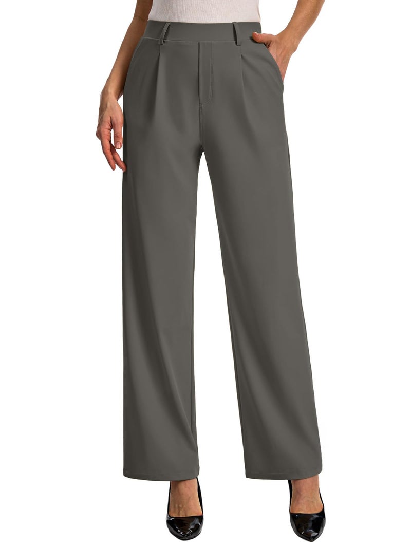 Feiersi Womens Dress Pants Wide Leg Stretchy Work Pants High Waisted Pull On Casual Trousers with Pockets(Grey,Medium) - Image 1