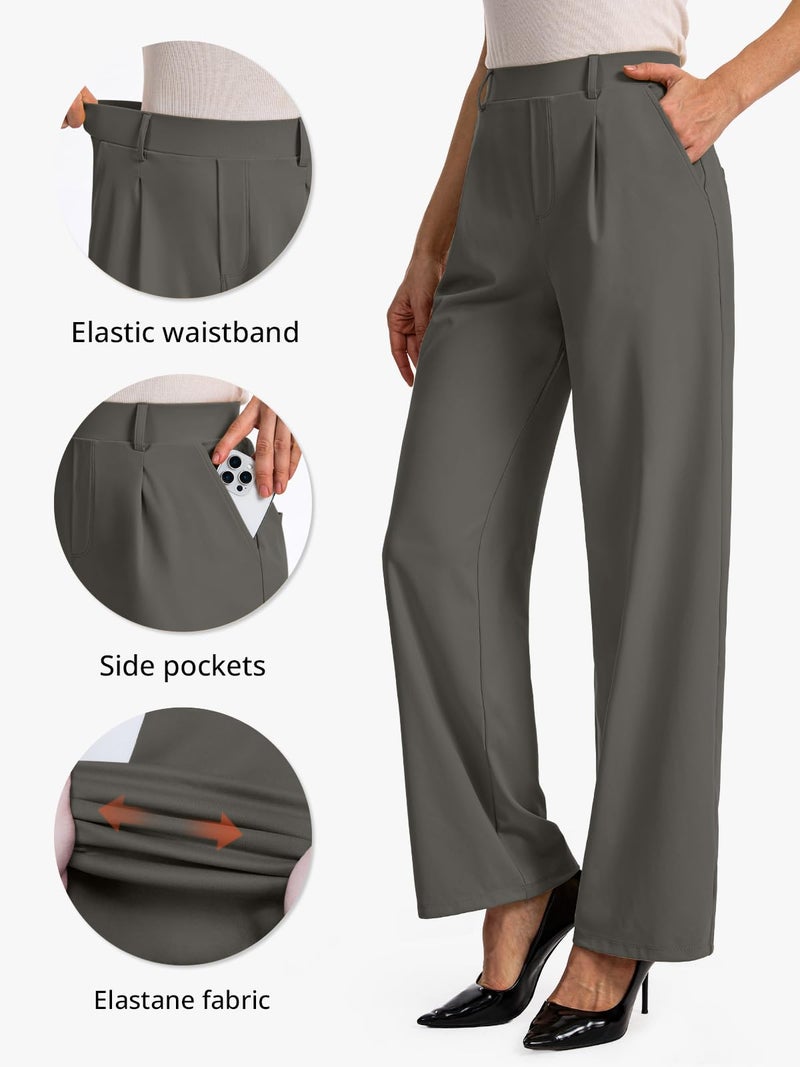 Feiersi Womens Dress Pants Wide Leg Stretchy Work Pants High Waisted Pull On Casual Trousers with Pockets(Grey,Medium) - Image 4