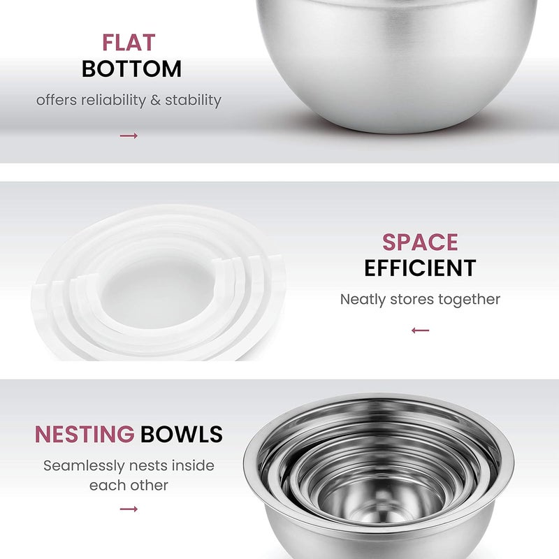 FINEDINE Stainless Steel Mixing Bowls Set with Lids, Home Kitchen Cooking Essentials Household Must Haves for Baking, 5 Pieces - Image 4