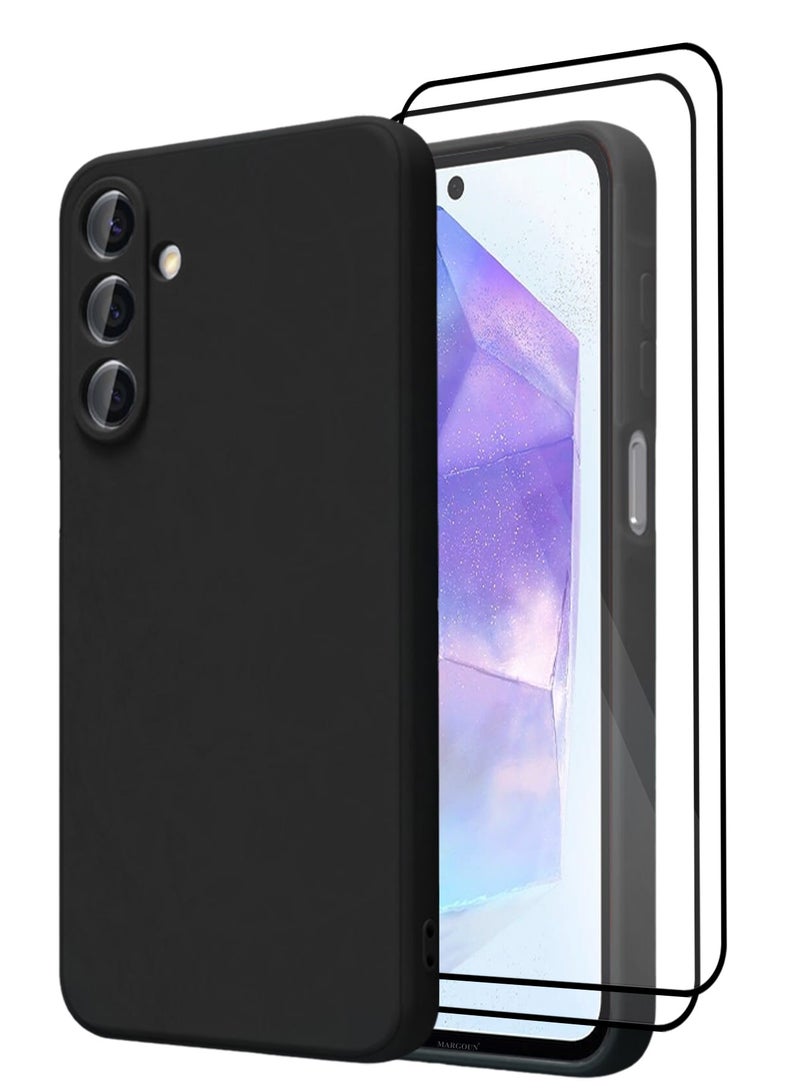 CATANES 3Packs Liquid Silicone Case for Samsung Galaxy A55 Protective Phone Case with Soft Anti-Scratch Microfiber Lining Utra Slim Drop Protection Phone Cover with Two 3D Screen Protectors - Black - Image 1