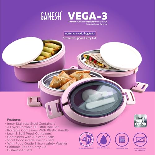 Ganesh 3 Compartment Vega Insulated Food Container with Attractive Spoon - Airtight Leak-Proof Lunch Box for Office, School, Picnic 1200ml - Green - Image 3