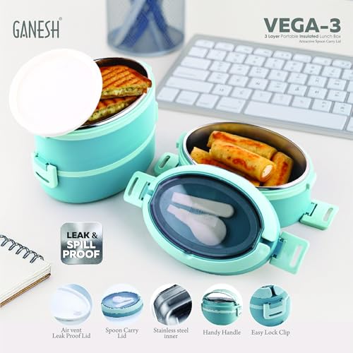 Ganesh 3 Compartment Vega Insulated Food Container with Attractive Spoon - Airtight Leak-Proof Lunch Box for Office, School, Picnic 1200ml - Green - Image 4