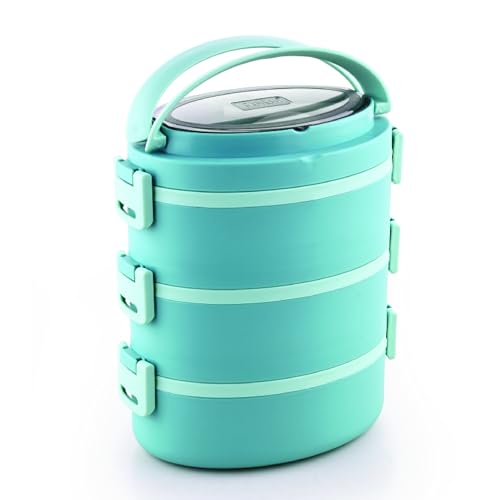 Ganesh 3 Compartment Vega Insulated Food Container with Attractive Spoon - Airtight Leak-Proof Lunch Box for Office, School, Picnic 1200ml - Green - Image 1