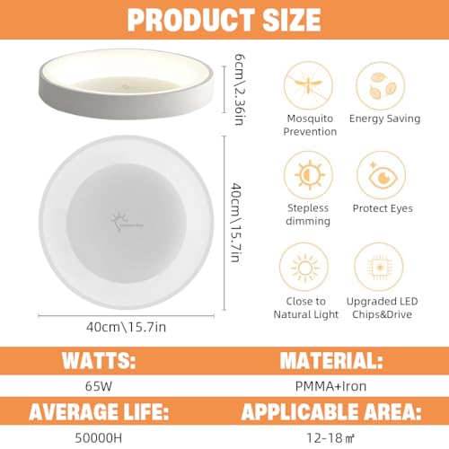 ELEPHANTBOAT® 32W-65W Modern LED Ceiling Light for 10-15 Square Meters, Adjustable 3-Color, 3000K-6000K with Remote, 15.75 Inch Dia Ceiling Light for Bedroom, Bathroom, Kitchen, Living Room - Image 4