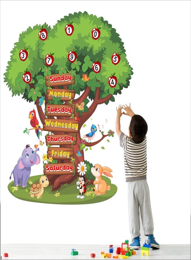 DREAM DECALS 7 Day Sunday Monday Week Name Tree Baby Kids Rooms School Nursery Education Birds Cartoon Animals Wall Sticker (PVC Vinyl 120x110 cm) - Image 1