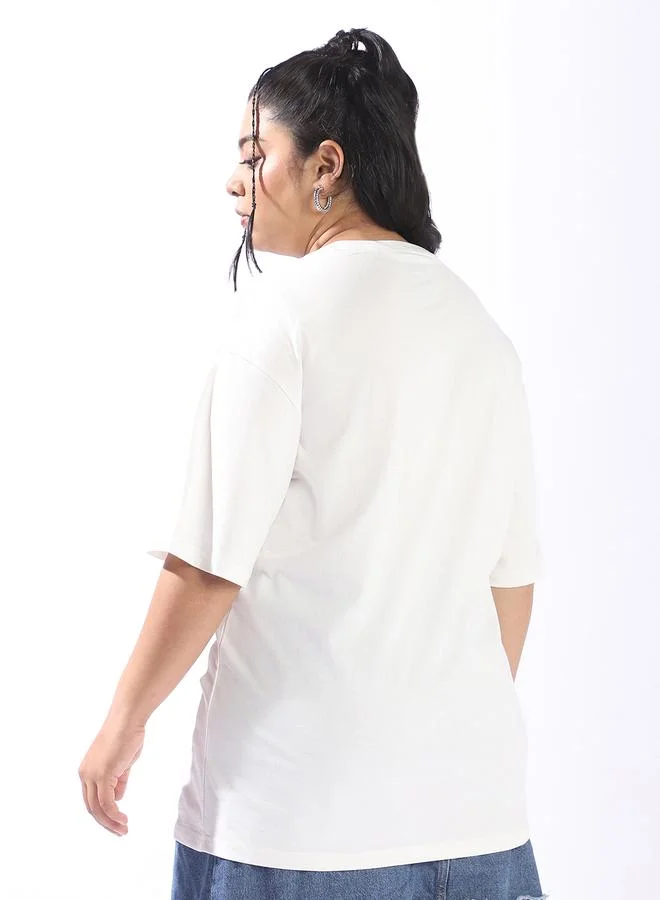 HIGH STAR Women'S Off White 100% Cotton Printed Plus Size Oversized T-Shirt