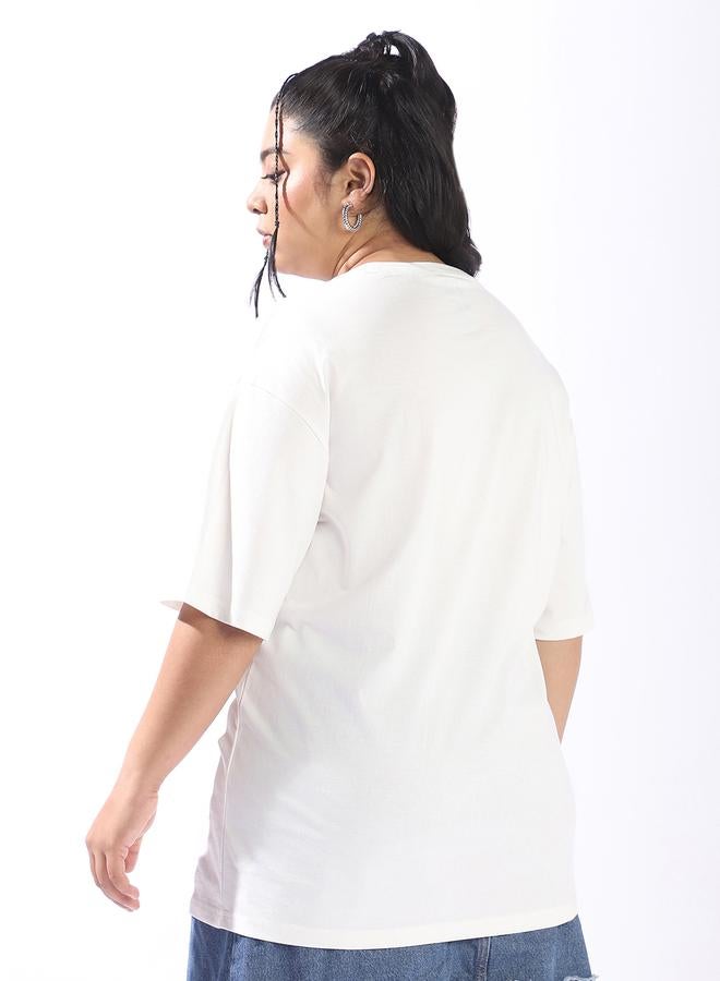 HIGH STAR Women'S Off White 100% Cotton Printed Plus Size Oversized T-Shirt - Image 5