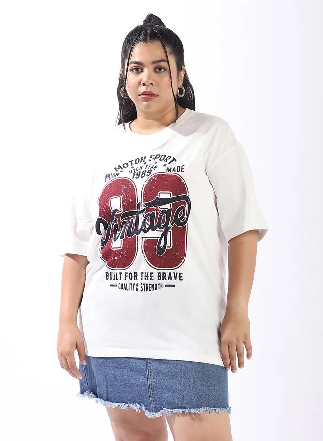 HIGH STAR Women'S Off White 100% Cotton Printed Plus Size Oversized T-Shirt