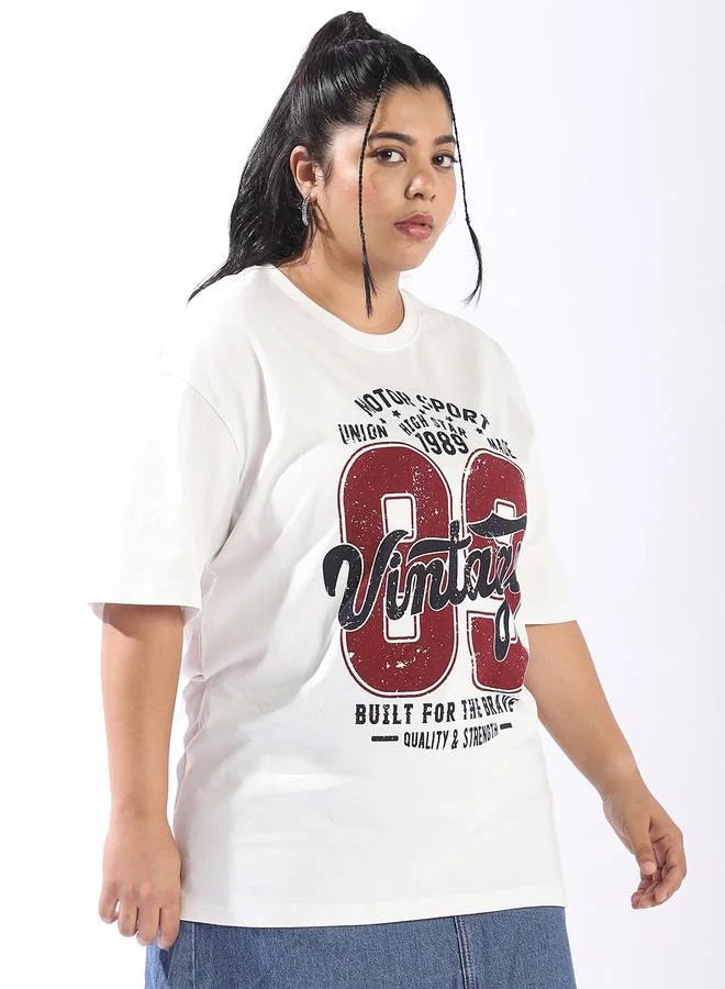 HIGH STAR Women'S Off White 100% Cotton Printed Plus Size Oversized T-Shirt