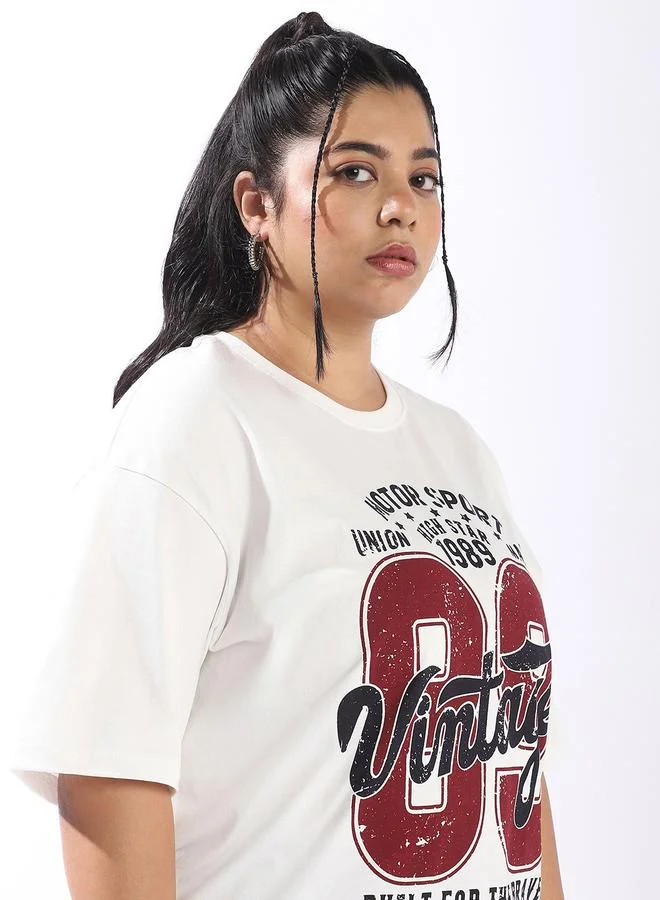 HIGH STAR Women'S Off White 100% Cotton Printed Plus Size Oversized T-Shirt