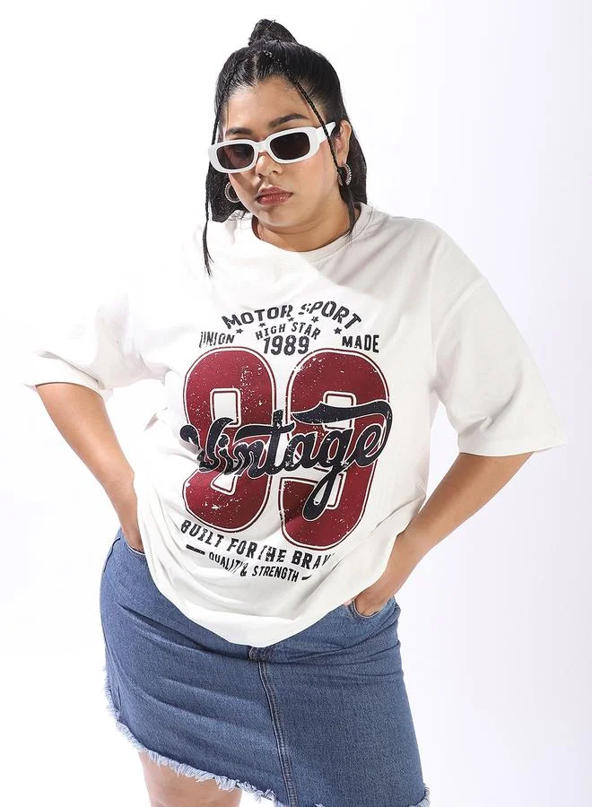 Women'S Off White 100% Cotton Printed Plus Size Oversized T-Shirt