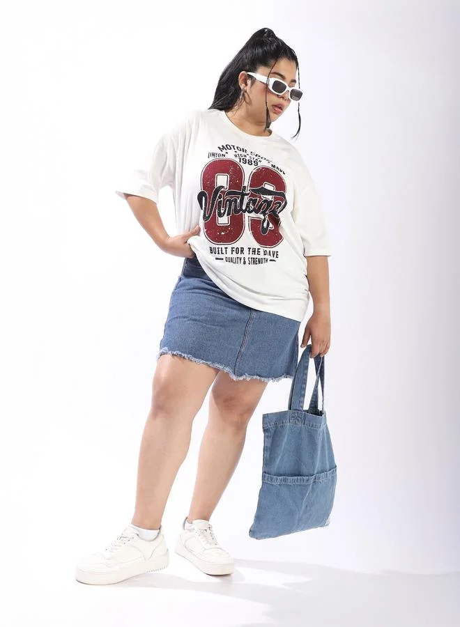 HIGH STAR Women'S Off White 100% Cotton Printed Plus Size Oversized T-Shirt
