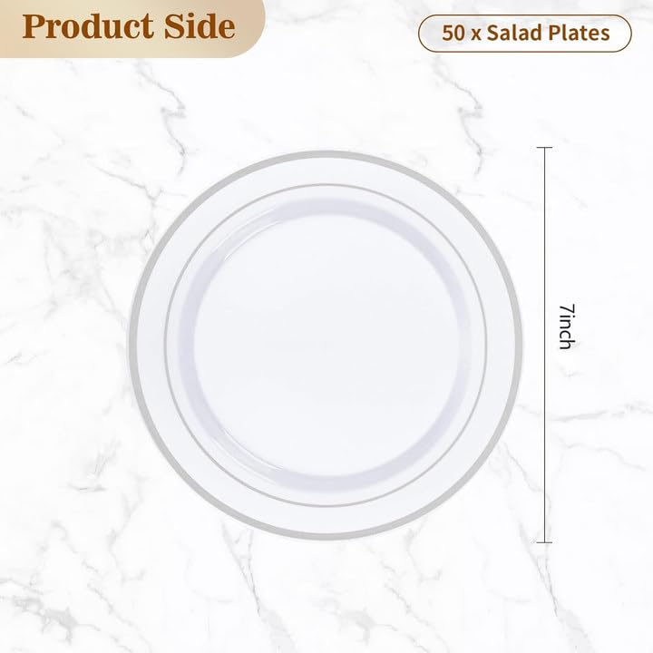 BESTVIP 50PCS Silver Plastic Plate  7 Inch Disposable Dessert Plate Party with Silver Rim  Heavy Duty Disposable Plastic Plates for Party  Wedding and Birthday - Image 2