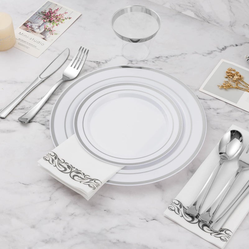 BESTVIP 50PCS Silver Plastic Plate  7 Inch Disposable Dessert Plate Party with Silver Rim  Heavy Duty Disposable Plastic Plates for Party  Wedding and Birthday - Image 3