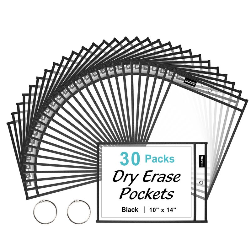SUNEE 30 Packs Oversized Reusable Dry Erase Pocket Sleeves with 2 Rings, Black 10x14 Ticket Holders, Clear Plastic Sheet Protectors, Teacher School Classroom Supplies - Image 1