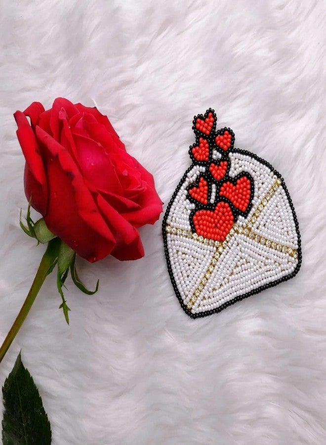 Abeo - I Bring Joy Love Letter Brooch Pin, Handmade Beaded Design with Red Hearts, White and Gold Accents, Unisex Fashion Accessory, 6 x 6 cm - Image 5