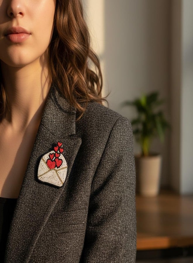 Abeo - I Bring Joy Love Letter Brooch Pin, Handmade Beaded Design with Red Hearts, White and Gold Accents, Unisex Fashion Accessory, 6 x 6 cm - Image 4