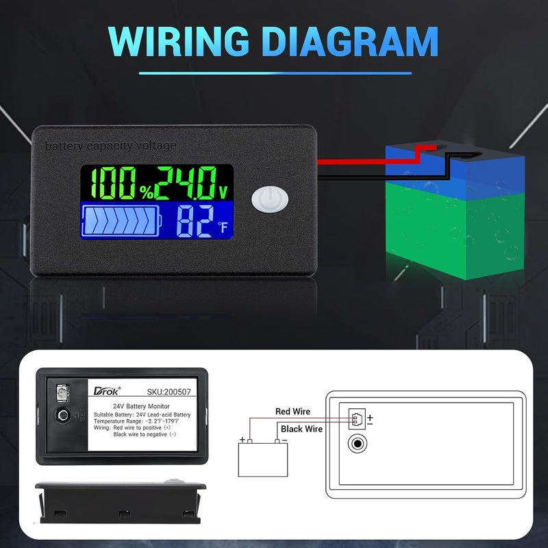 DROK Volt Temp Meter, 10-100V 24V Voltage Battery Capacity Fahrenheit Temperature Monitor Power Percentage Indicator for Car Marine - Image 4
