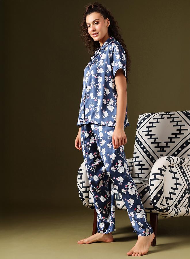 Clovia Floral Print Satin Shirt and Pyjama Set - Image 3