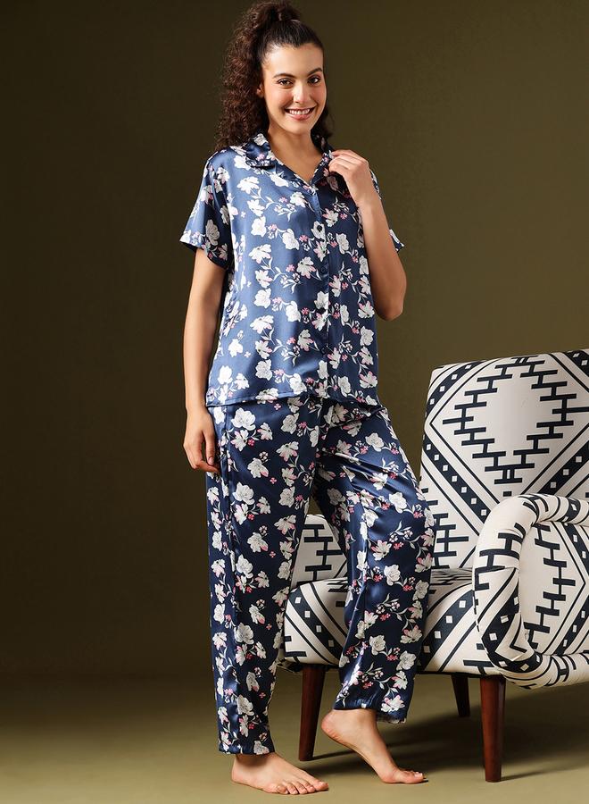 Clovia Floral Print Satin Shirt and Pyjama Set - Image 4