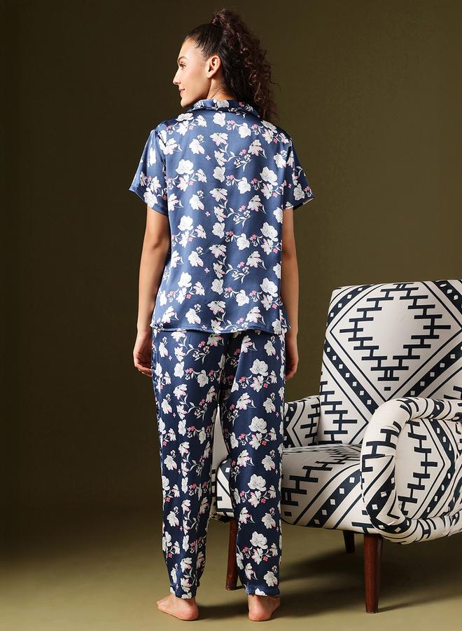 Clovia Floral Print Satin Shirt and Pyjama Set - Image 5