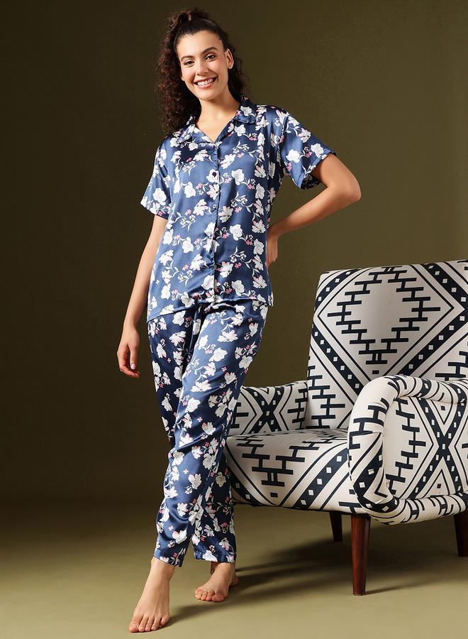 Clovia Floral Print Satin Shirt and Pyjama Set - Image 1