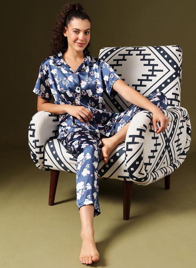 Clovia Floral Print Satin Shirt and Pyjama Set - Image 2