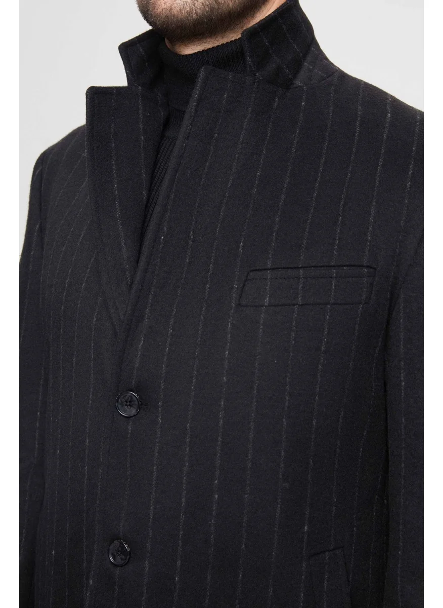 دي أس دامات Regular Fit Black Striped Wool Coat