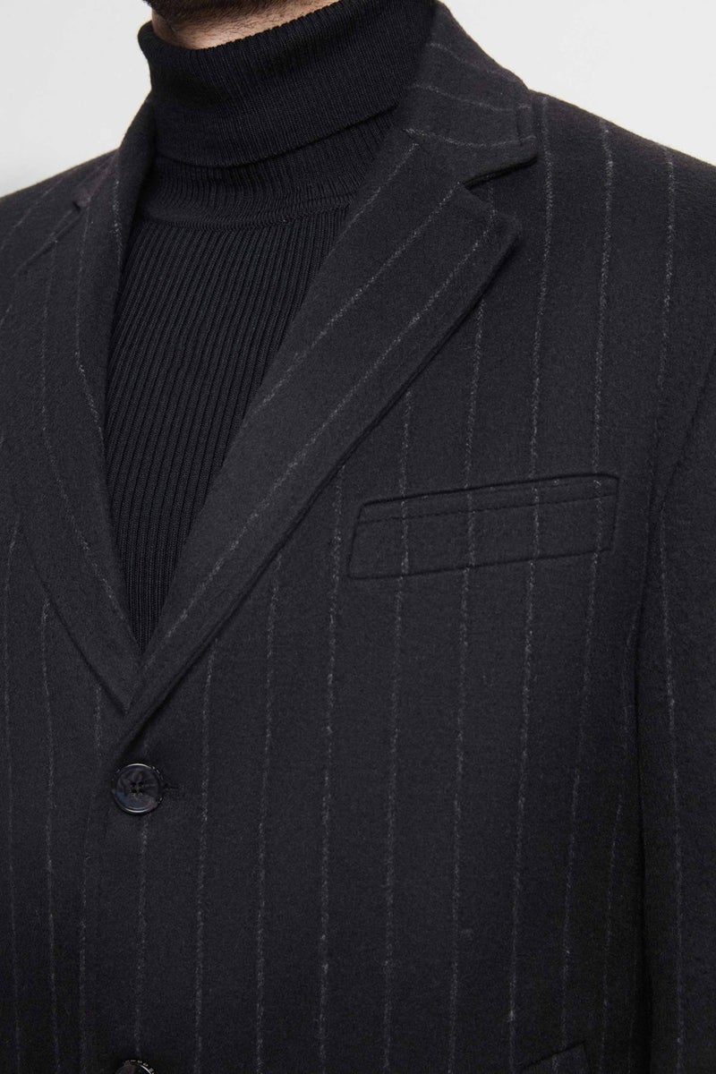 D'S DAMAT Regular Fit Black Striped Wool Coat  - Image 3