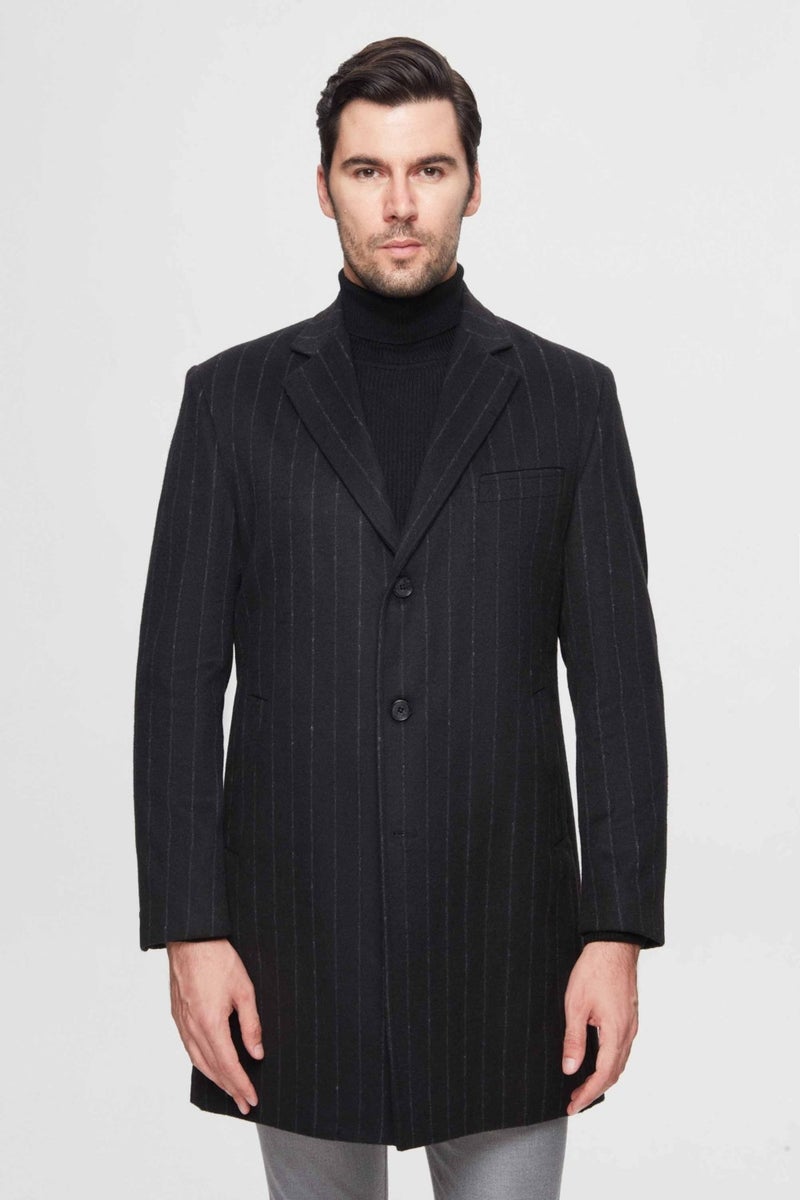 D'S DAMAT Regular Fit Black Striped Wool Coat  - Image 1